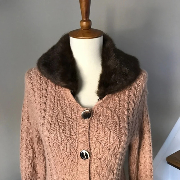 Ballinger Gold Camel Cable Knit  Fur Cardigan  SM - Picture 3 of 8